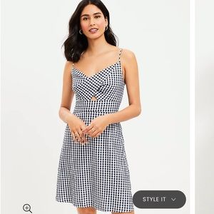 LOFT Blue Gingham Keyhole Twist Dress